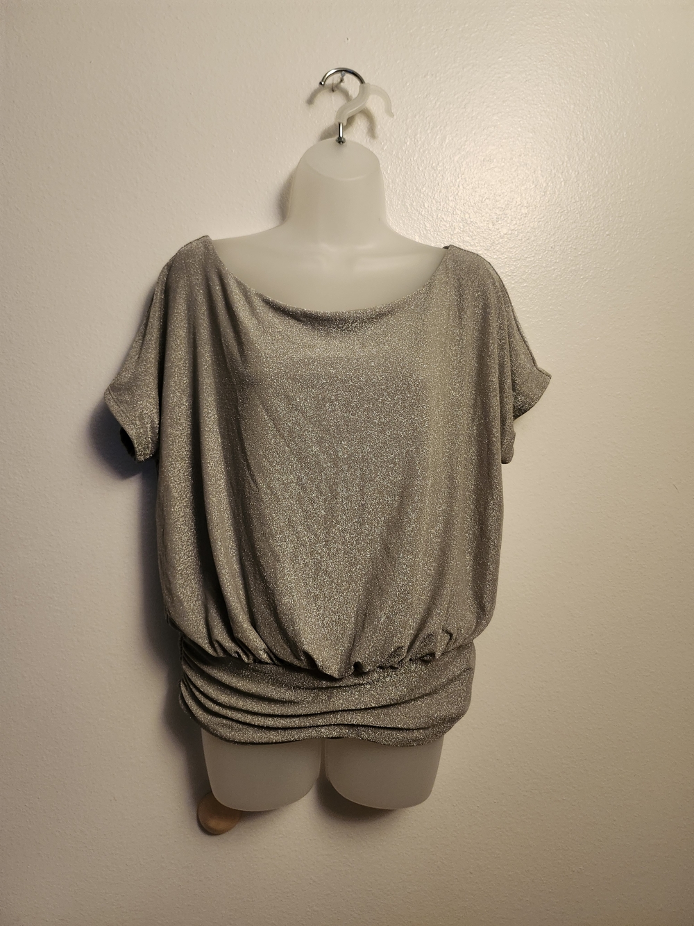NWT Express Metallic Shimmer Short Sleeve Ruched Bottom, Blouson Top - Silver